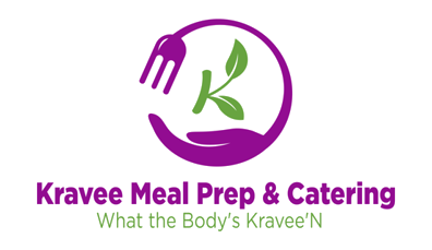 Logo for Kravee Meal Prep & Catering: Purple circle with fork, hand holding 