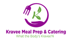 Logo for Kravee Meal Prep & Catering: Purple circle with fork, hand holding 