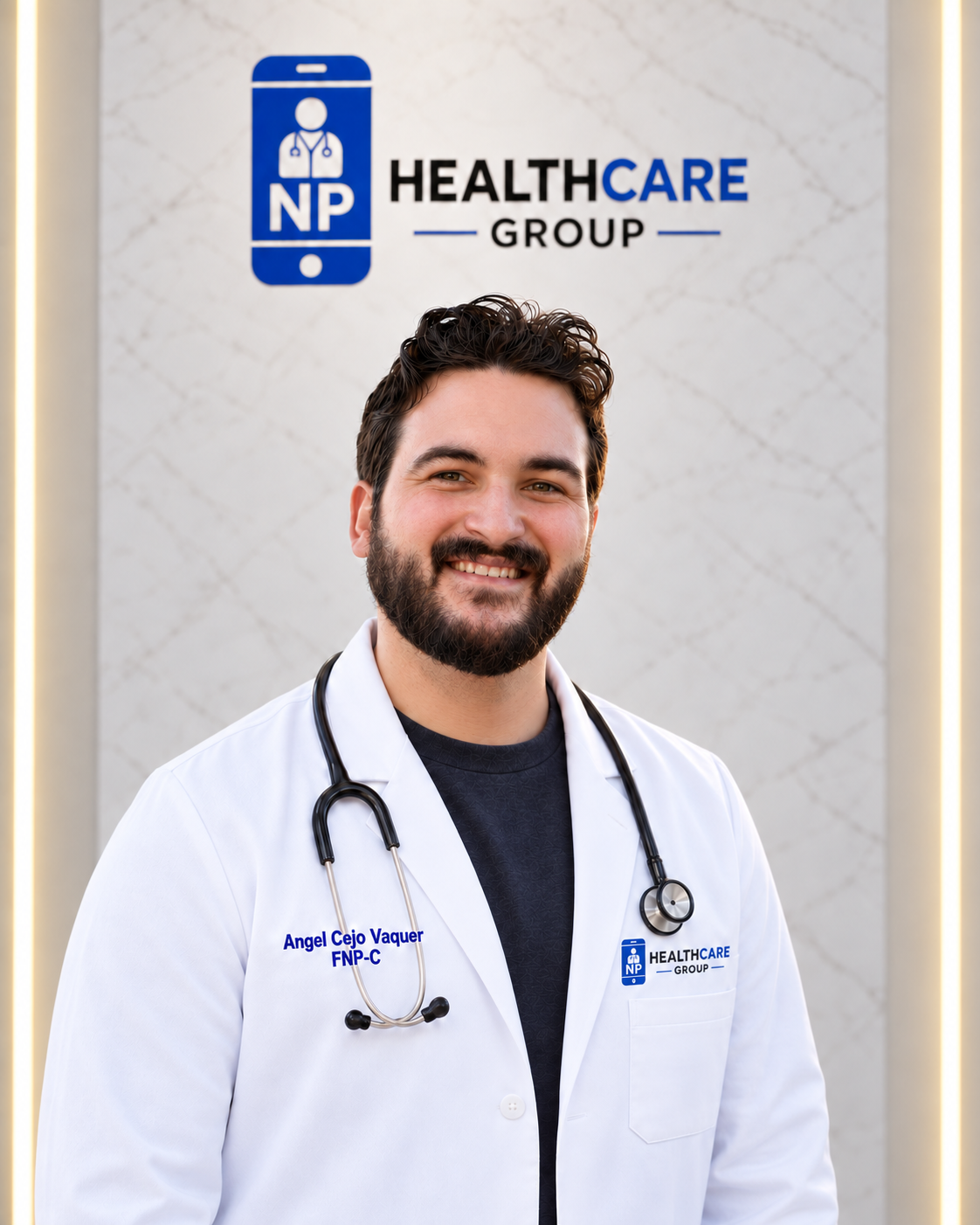 Healthcare professional in white coat and stethoscope standing before NP Healthcare Group logo.