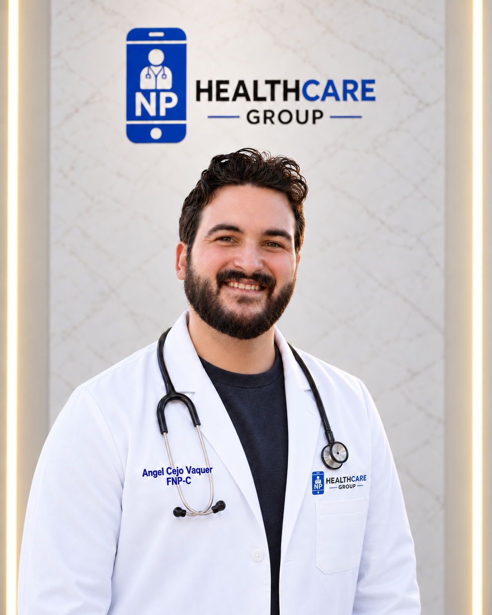 Healthcare professional in white coat and stethoscope standing before NP Healthcare Group logo.