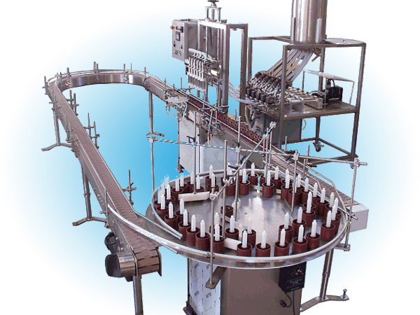 Industrial automatic bottle filling machine.