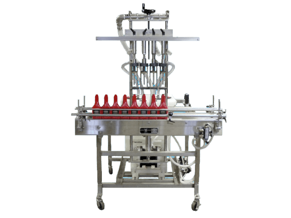 A multi-nozzle industrial bottle filling machine.