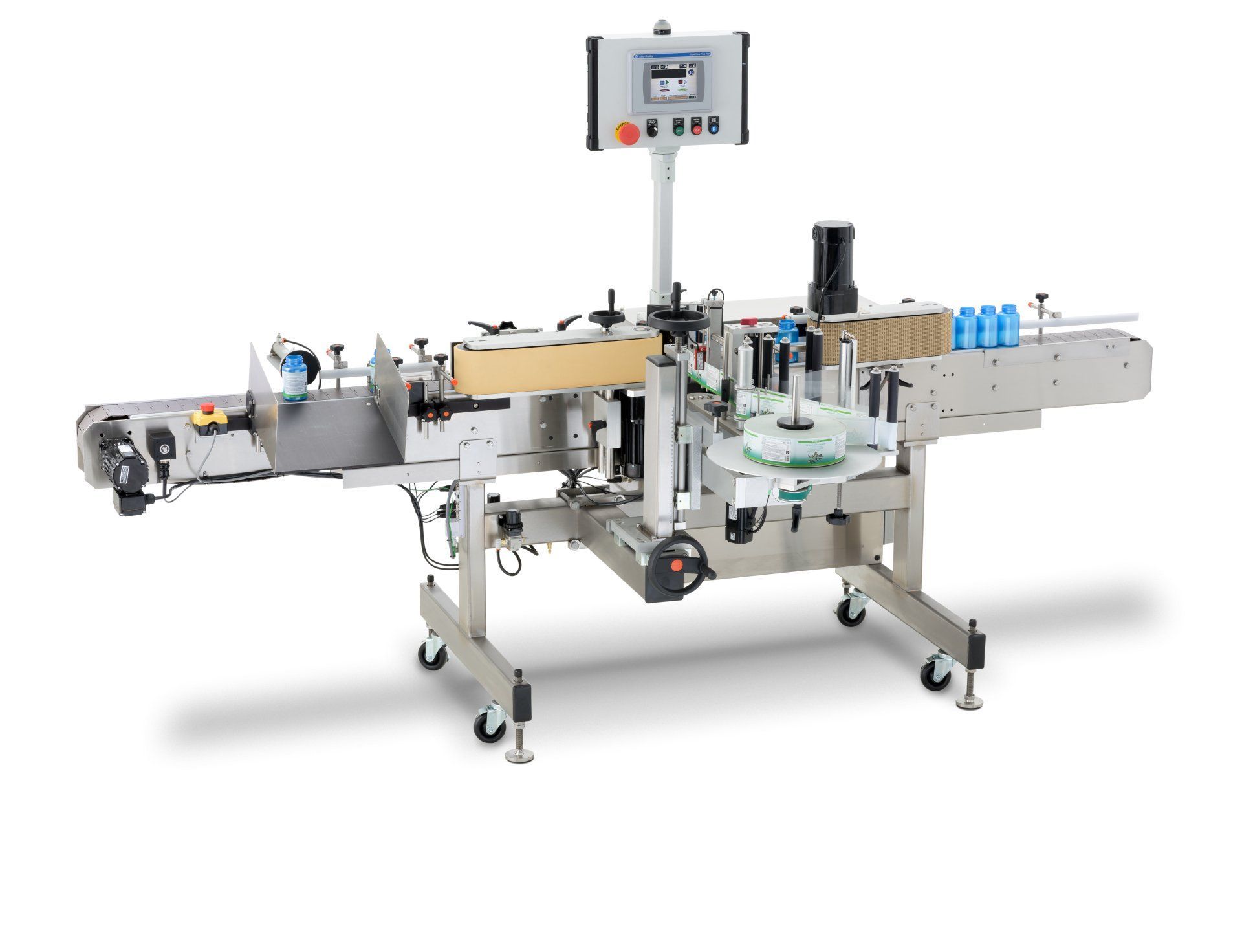 Industrial automatic labeling machine with a conveyor belt.