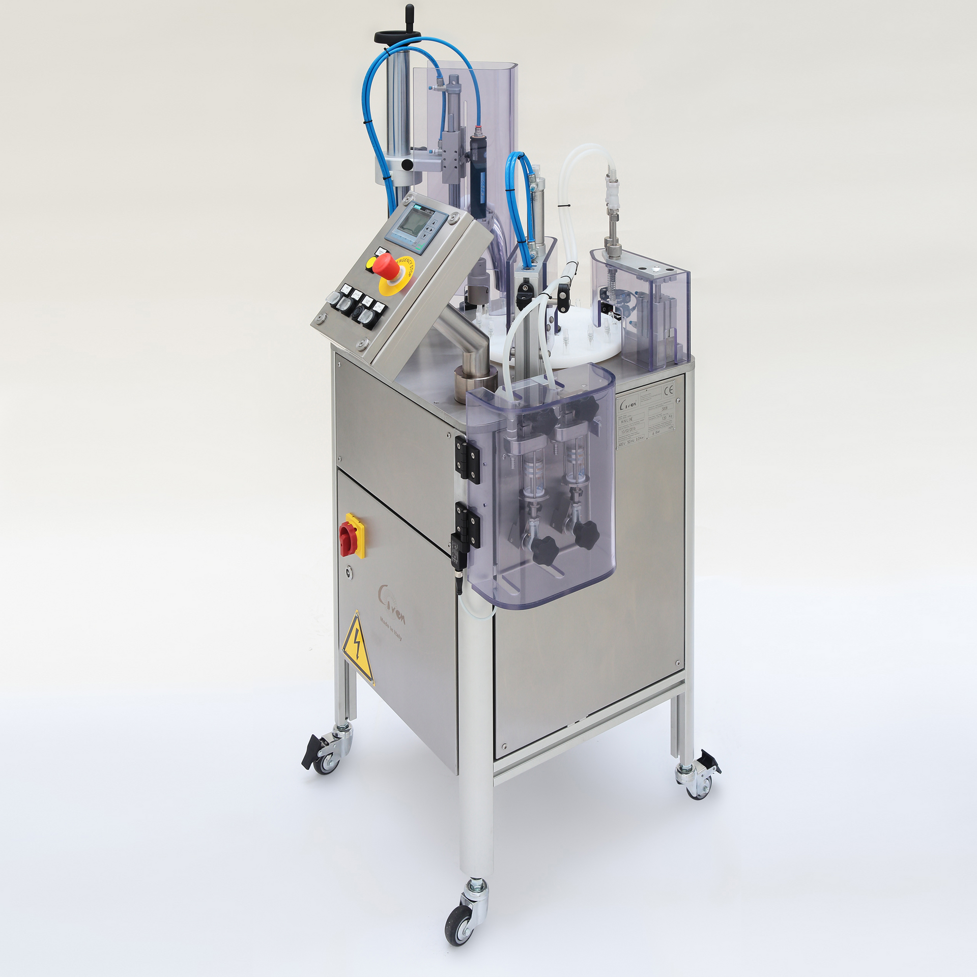 A stainless steel automatic bottle capping machine on wheels.