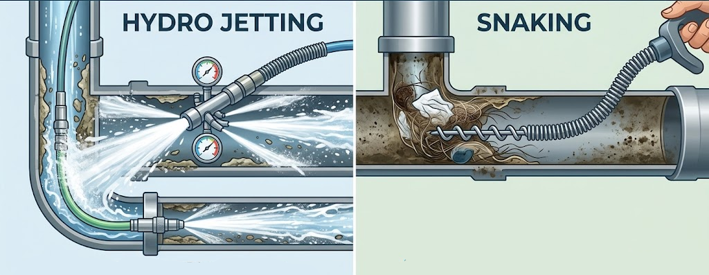 Diagram comparing hydro jetting and snaking to clear a clogged pipe