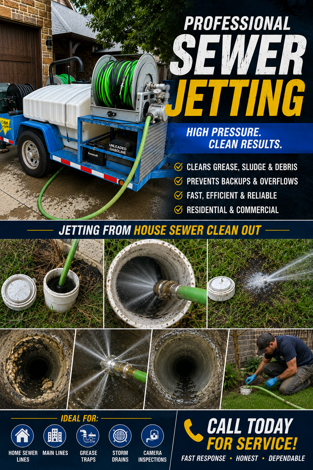 Side-by-side diagram of hydro jetting and snaking clearing a clogged pipe