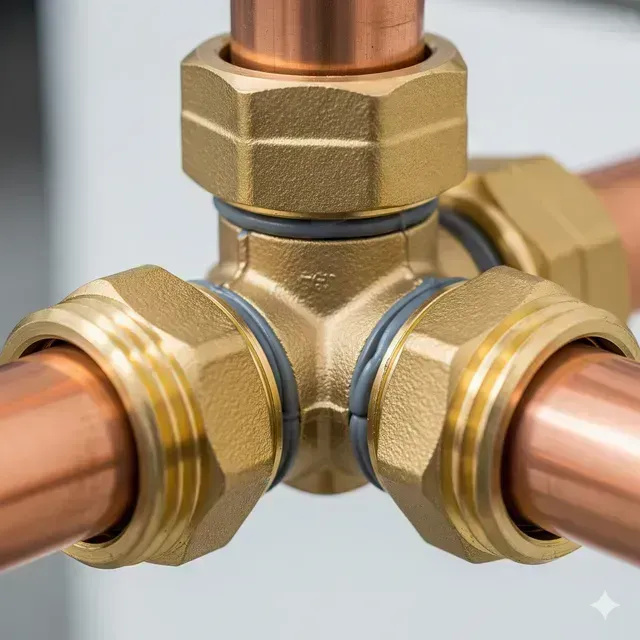 Copper pipes joined with brass fittings.