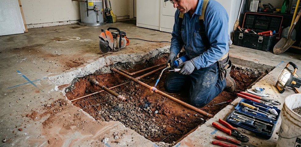 Worker cutting a concrete floor around a basement opening with tools and debris nearby