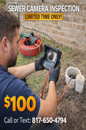 Sewer camera inspection ad showing a technician using a drain camera, $100 limited-time offer, call 817-650-4794
