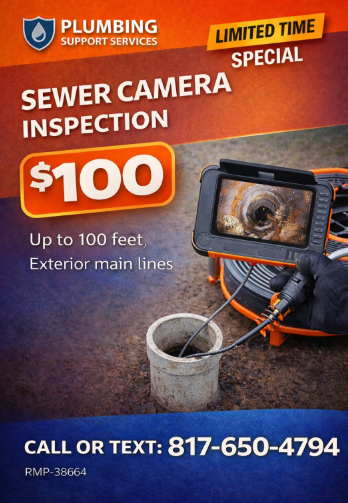 Sewer camera inspection ad for Plumbing Support Services, $100, with inspection device and call/text number