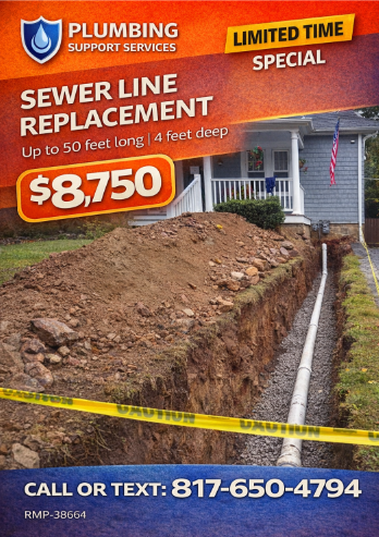 Plumbing ad for sewer line replacement, $8,750, with trench excavation and phone number 817-650-4794