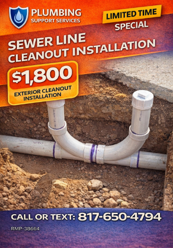 Sewer line cleanout installation ad showing underground pipes, $1,800 special, and call/text number.