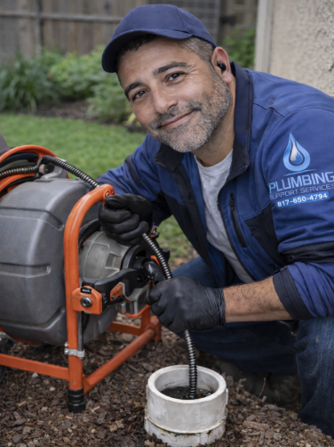 Plumber in blue uniform using a drain snake on an outdoor pipe, kneeling beside a white bucket.