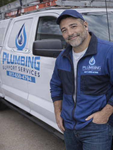 Plumber in blue uniform standing beside a branded service van with a plumbing logo and phone number.