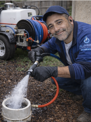 Worker in blue jacket hosing out a metal container beside a utility trailer, smiling outdoors.