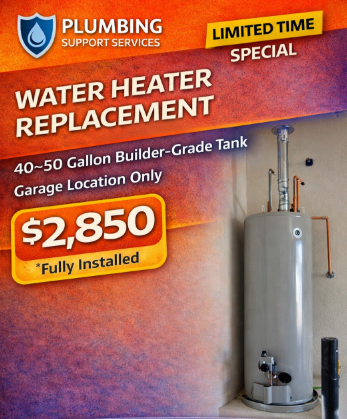 Water heater replacement ad with $2,850 price and a silver tank in a garage
