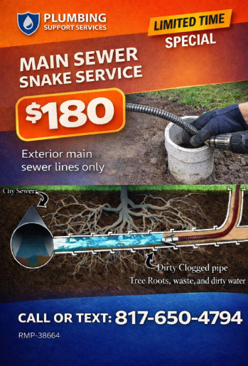 Main sewer snake service ad with $180 special and call/text phone number on orange background