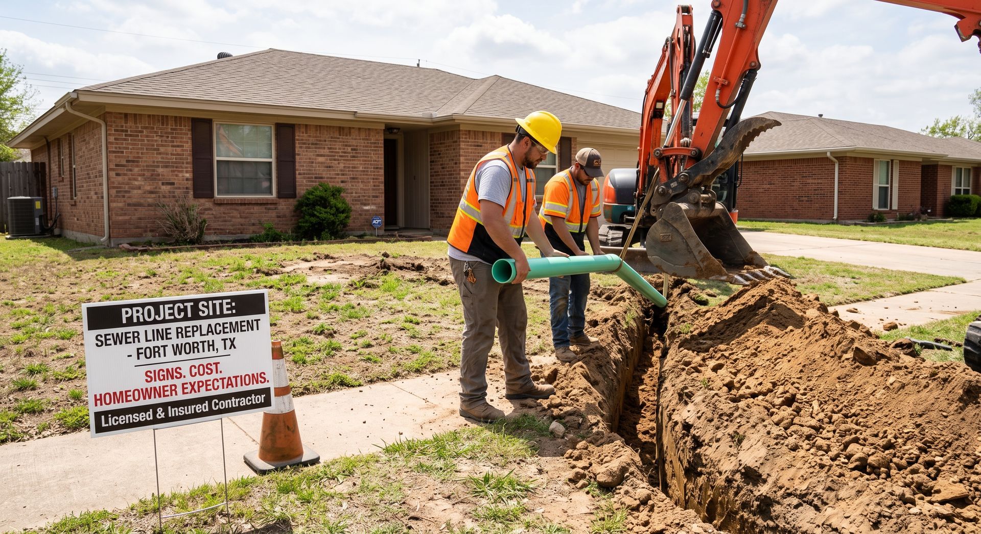 Utility workers digging a trench beside a brick house, with a sign in the front yard.