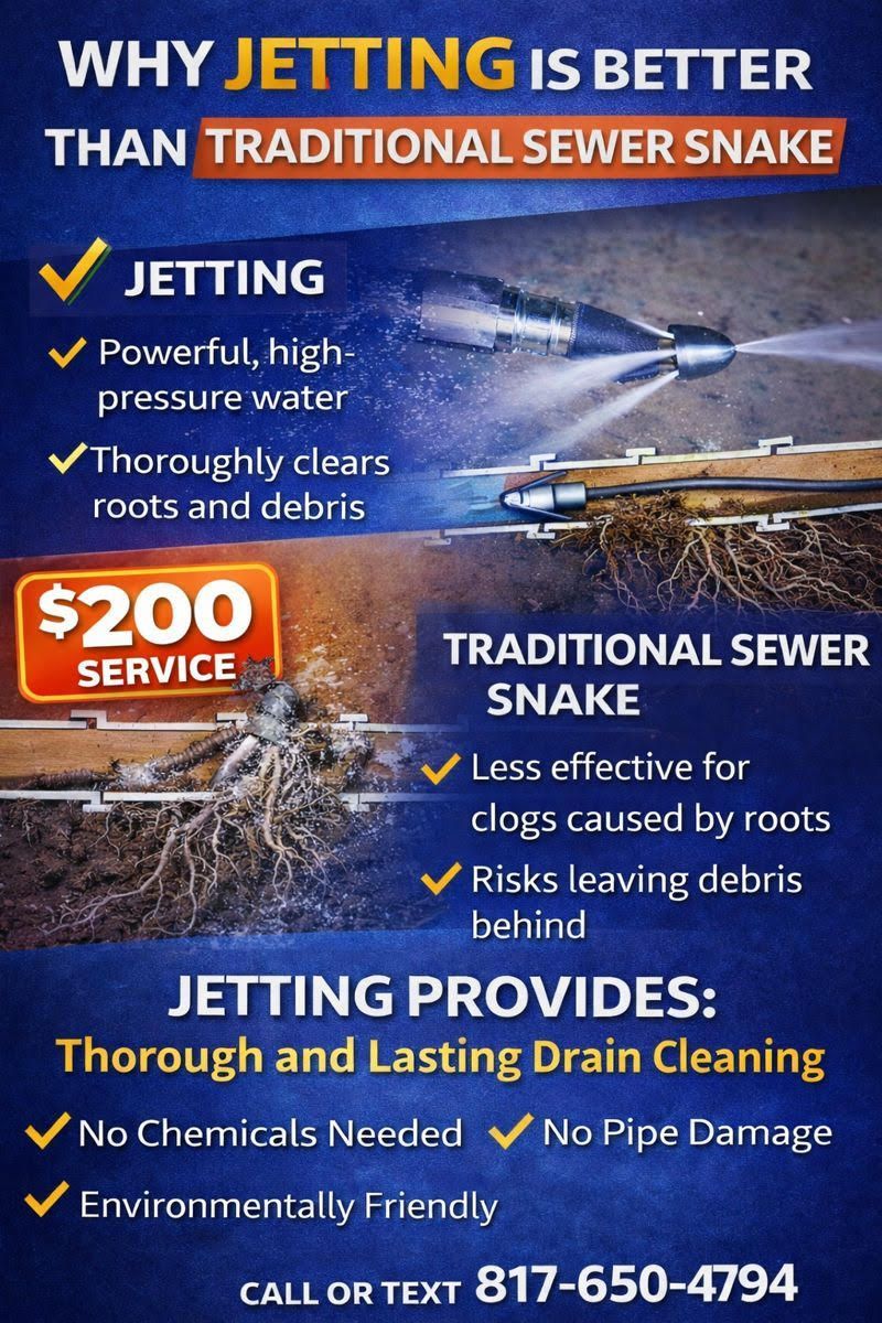 Ad for jetting sewer cleaning vs traditional sewer snake, showing clogged pipes, truck, and $200 service call.