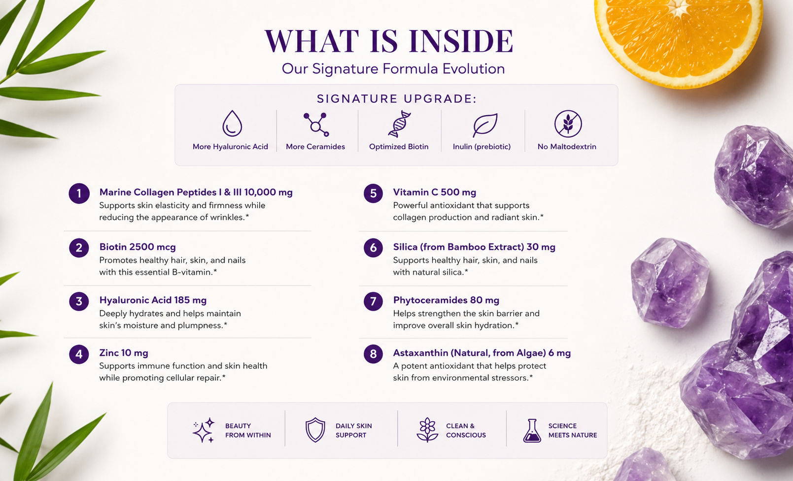 Skincare ingredient infographic with purple crystals, orange slice, and product feature icons on a white background