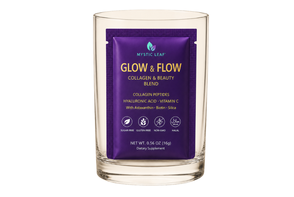 Purple scented candle in a clear glass jar labeled “Glow & Flow”