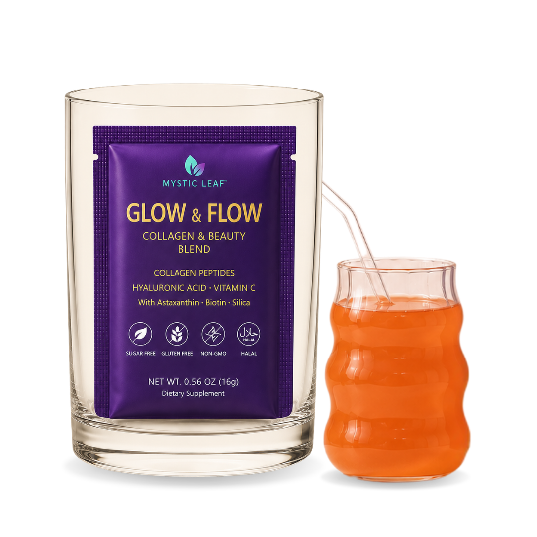 Glow & Flow sachet and glass