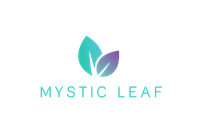 Mystic Leaf logo with two teal and purple leaves above the name in light teal text