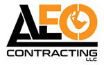 Logo for AEO Contracting LLC, featuring black stylized letters and an orange circle with an excavator bucket inside.