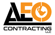 Logo for AEO Contracting LLC, featuring black stylized letters and an orange circle with an excavator bucket inside.