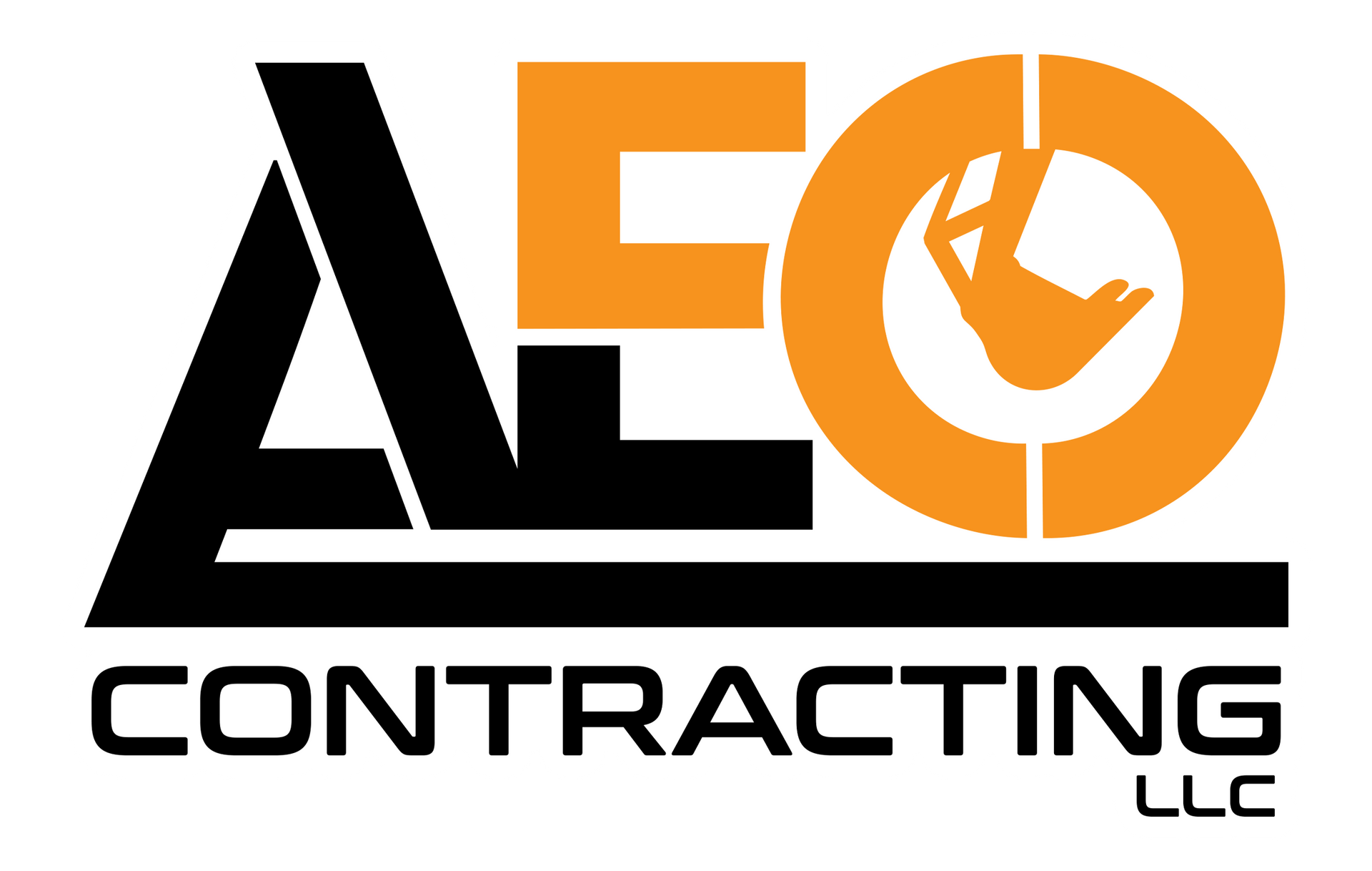 Logo for AEO Contracting LLC, featuring black stylized letters and an orange circle with an excavator bucket inside.