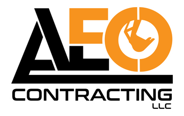 Logo for AEO Contracting LLC, featuring black stylized letters and an orange circle with an excavator bucket inside.