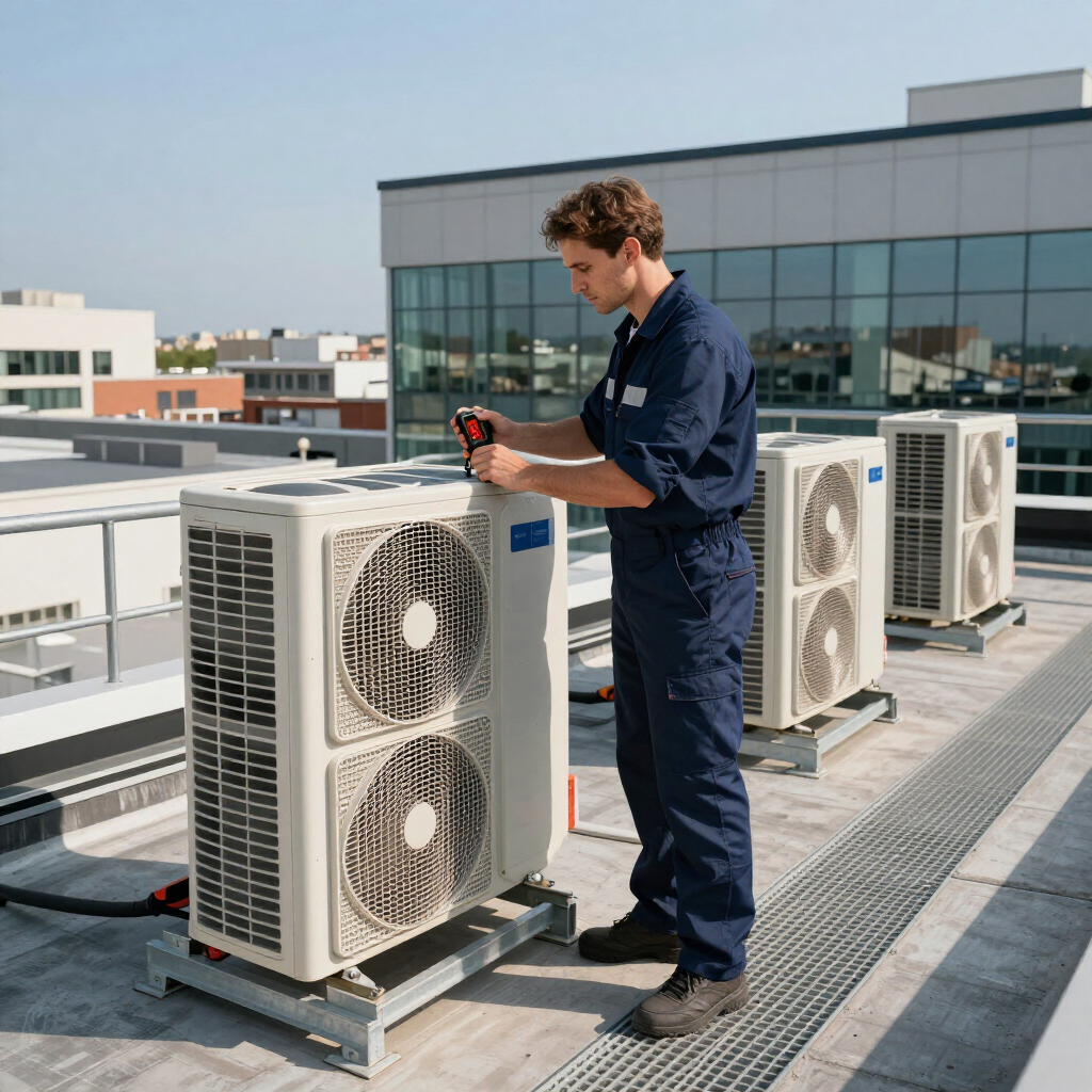 Technician inspecting rooftop HVAC units with a handheld tool on a sunny day