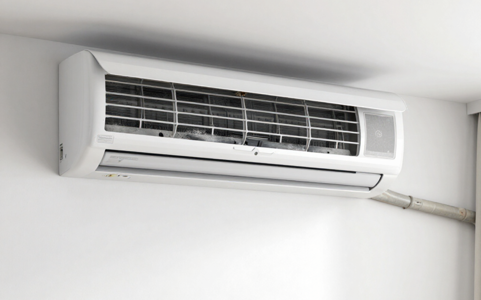 White wall-mounted air conditioner unit on a white wall, with a visible drainage pipe.