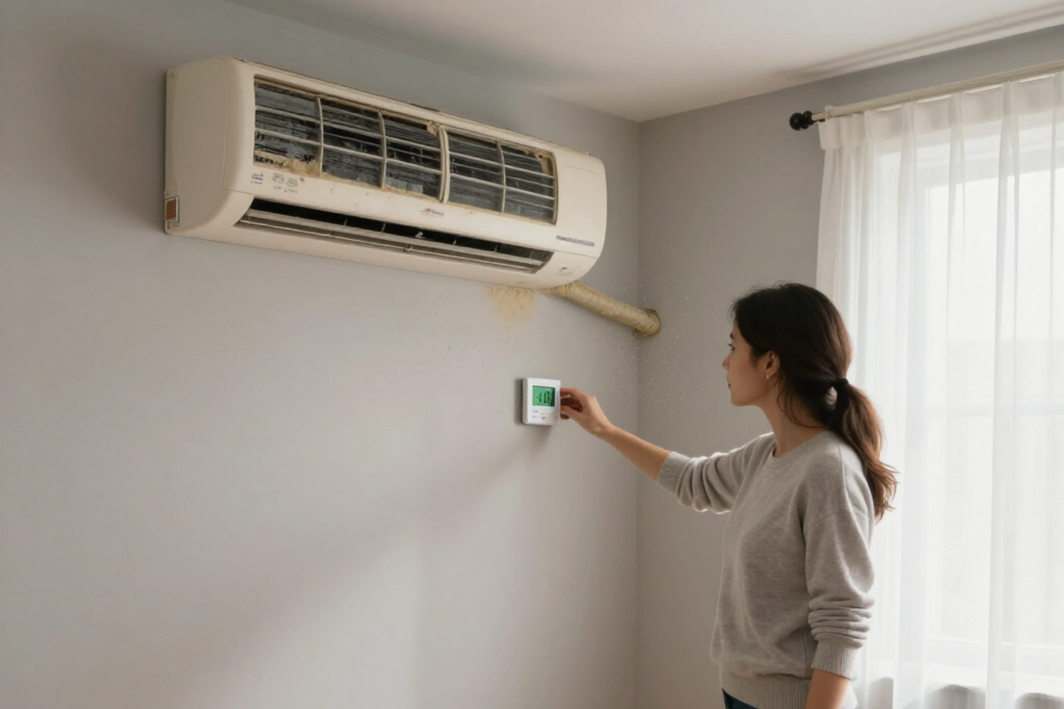 Woman adjusting a wall thermostat in a bright room beneath a split air conditioner