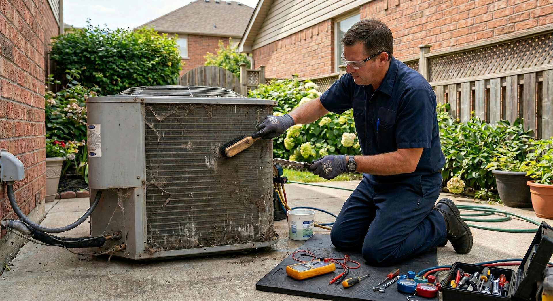 Technician kneeling beside outdoor HVAC unit, cleaning coils with a brush in a backyard.