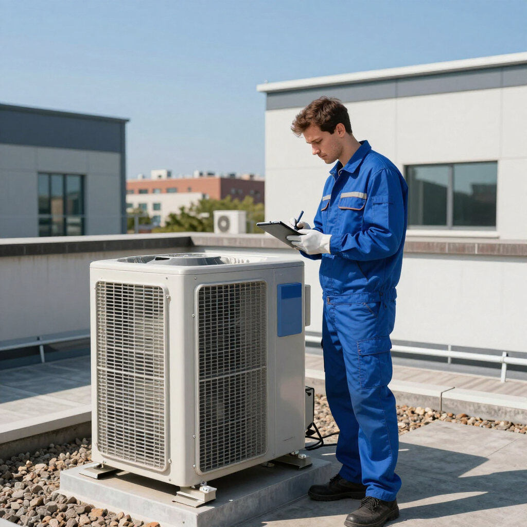 Technician in blue coveralls inspecting a rooftop air-conditioning unit with a clipboard.