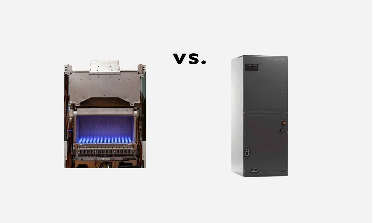 Water heater component vs. a furnace; the water heater shows blue flames.