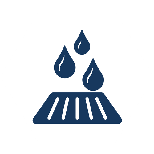 Dark blue icon of three water drops above a slotted drain grate