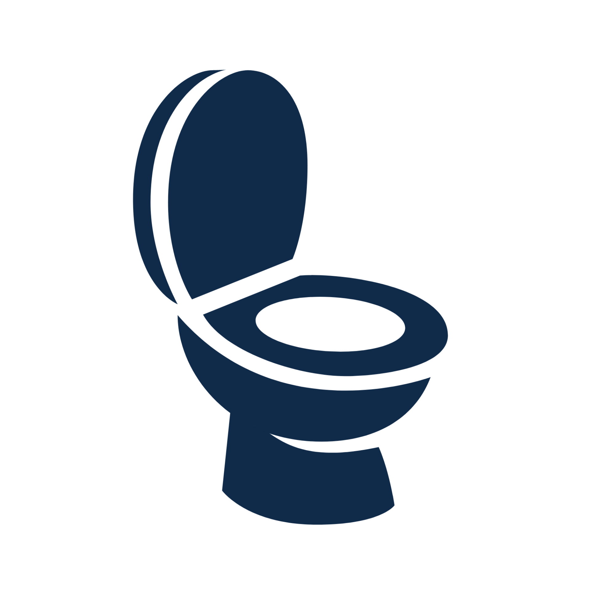 Dark blue toilet icon with open lid and seat, on white background