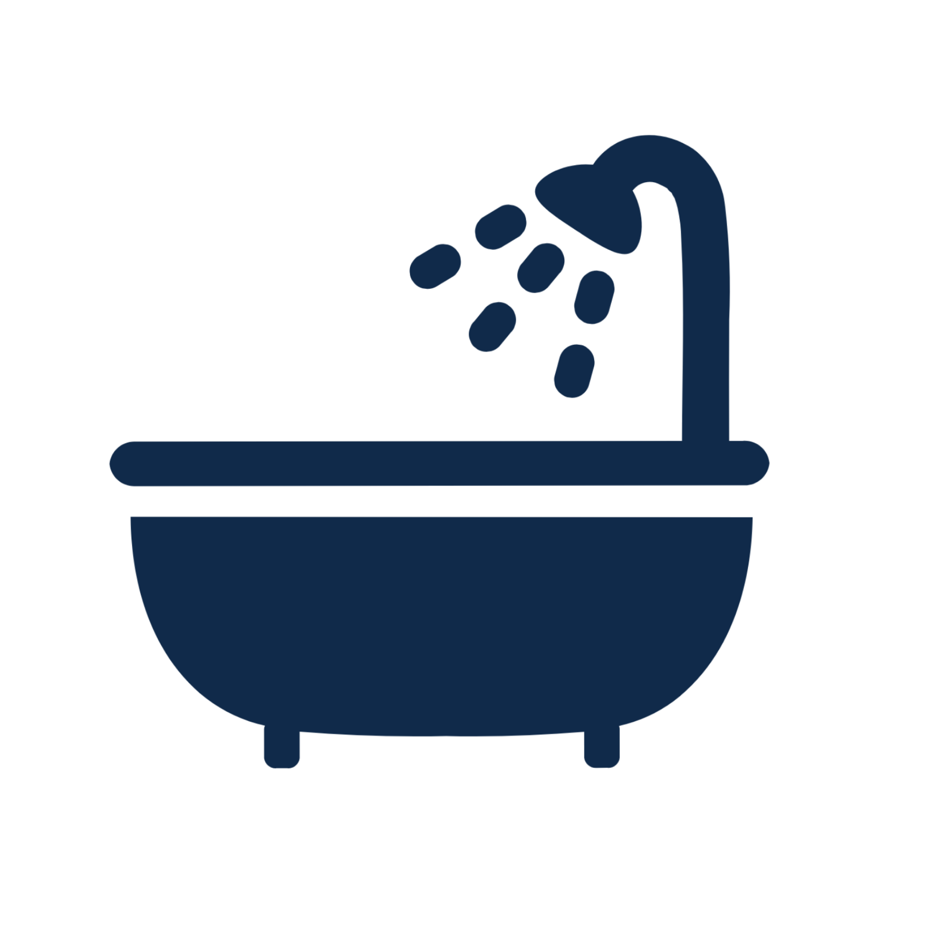 Dark blue bathtub with showerhead and water spray icon on a white background