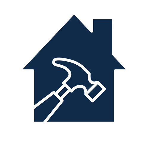 Dark blue house icon with a white hammer symbol, suggesting home repair or renovation