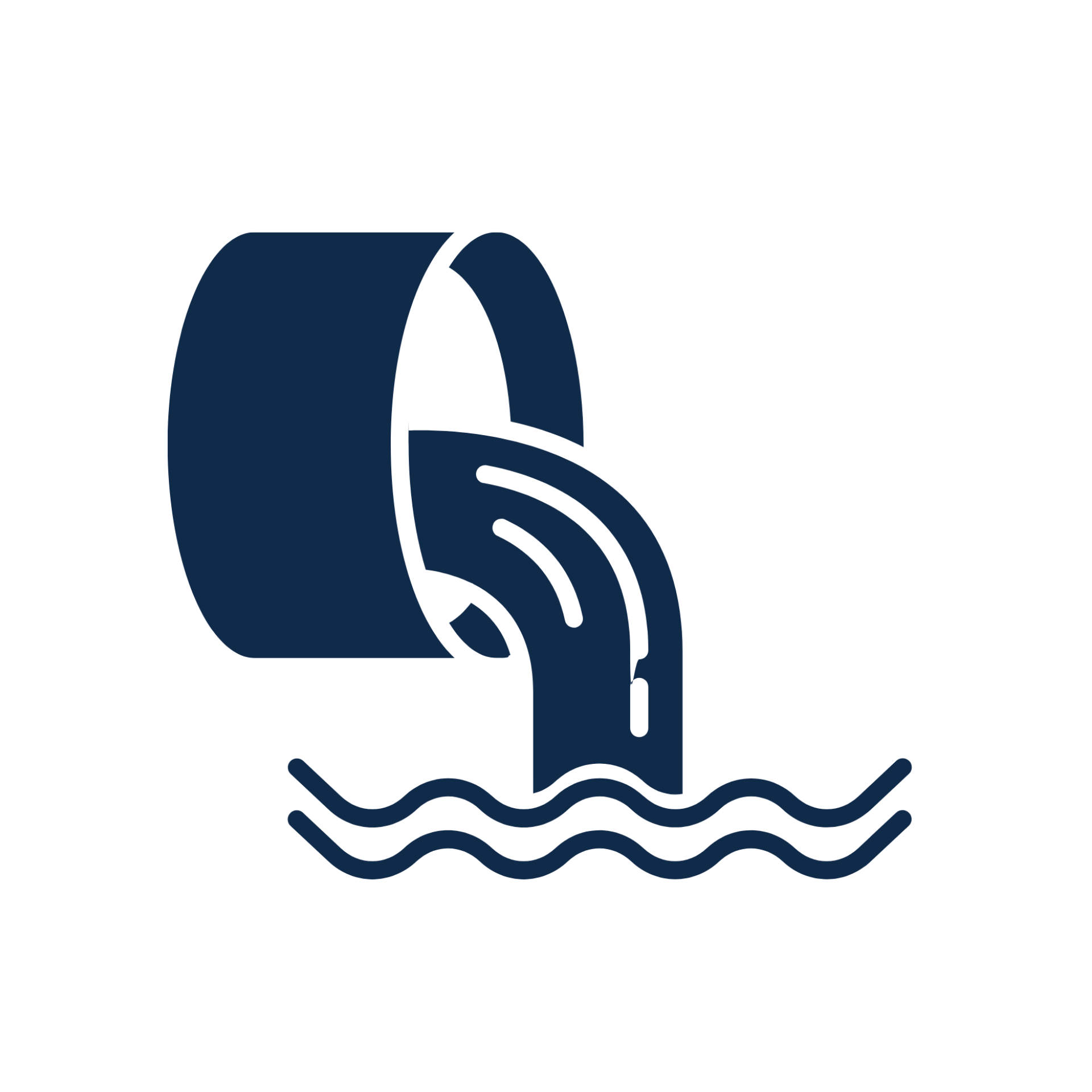 Dark blue pipe discharging water into wavy lines, symbol for wastewater or water drainage