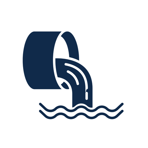 Dark blue icon of water pouring from a tank into wavy water lines