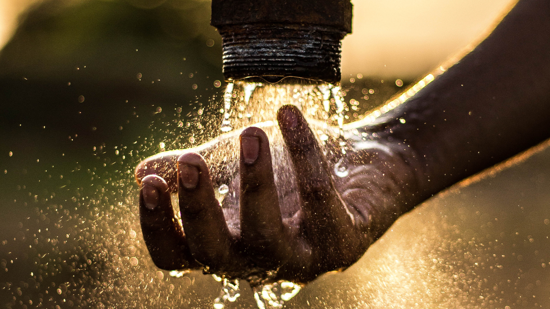 Hand under flowing water, catching droplets in warm sunlight