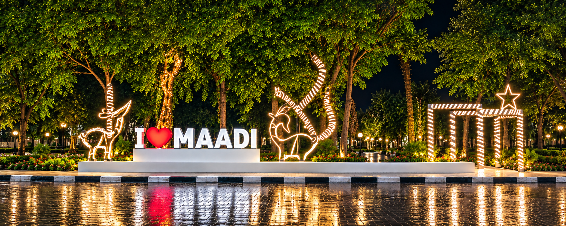 Discover the festive spirit of Maadi, Cairo, with glowing garden lights, Christmas beautiful decorations by Spacey.