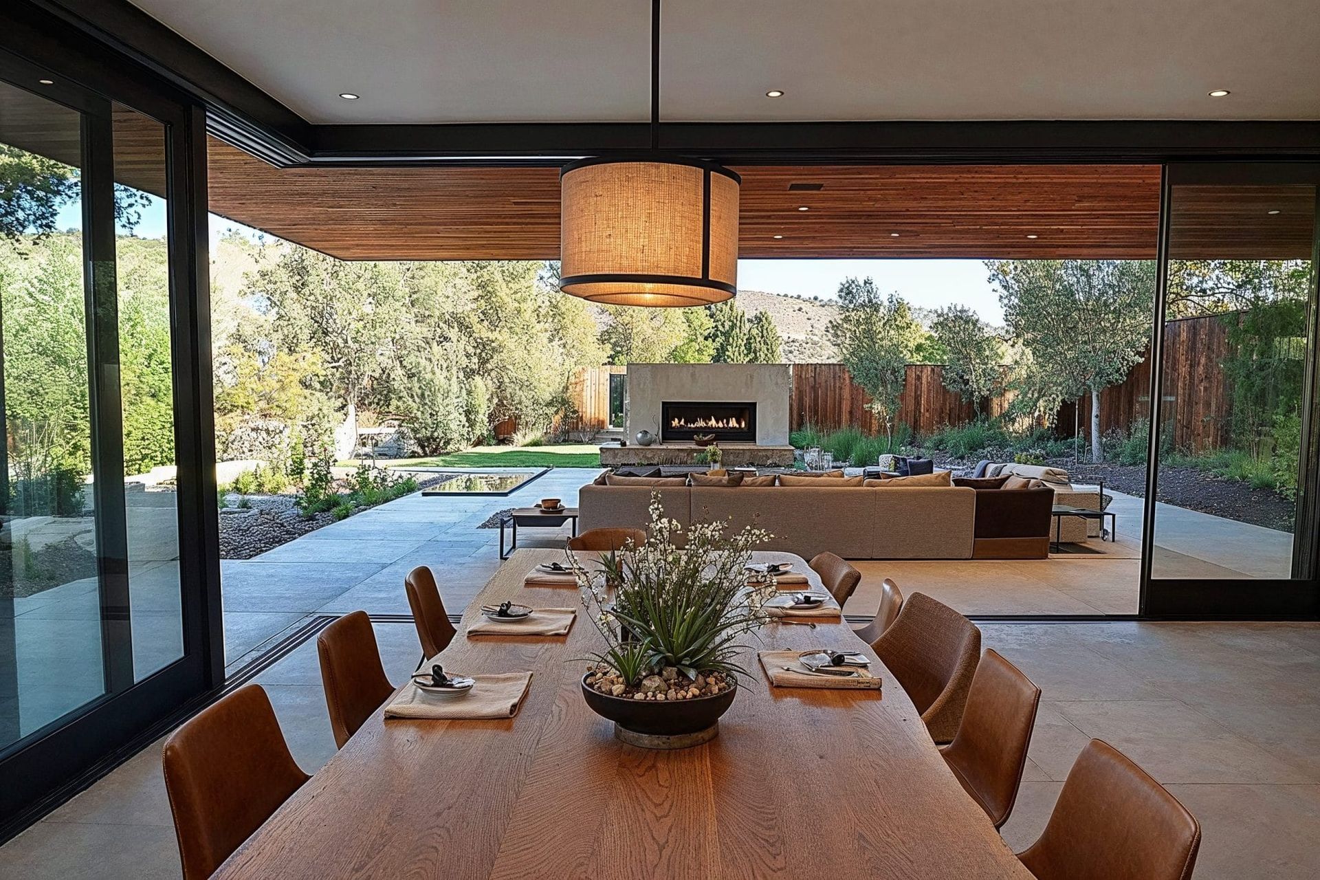 A dining room table with a vase of flowers on it A dining room table with a vase of flowers on it