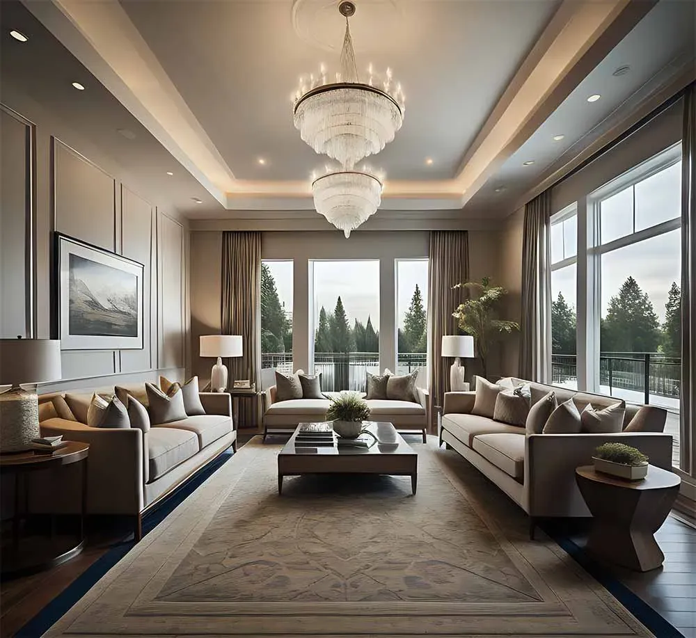 A living room with a chandelier hanging from the ceiling A living room with a chandelier hanging from the ceiling