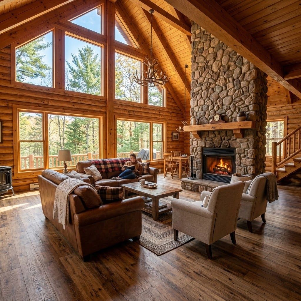 Bright Pocono cabin living room with wood-look luxury vinyl plank flooring