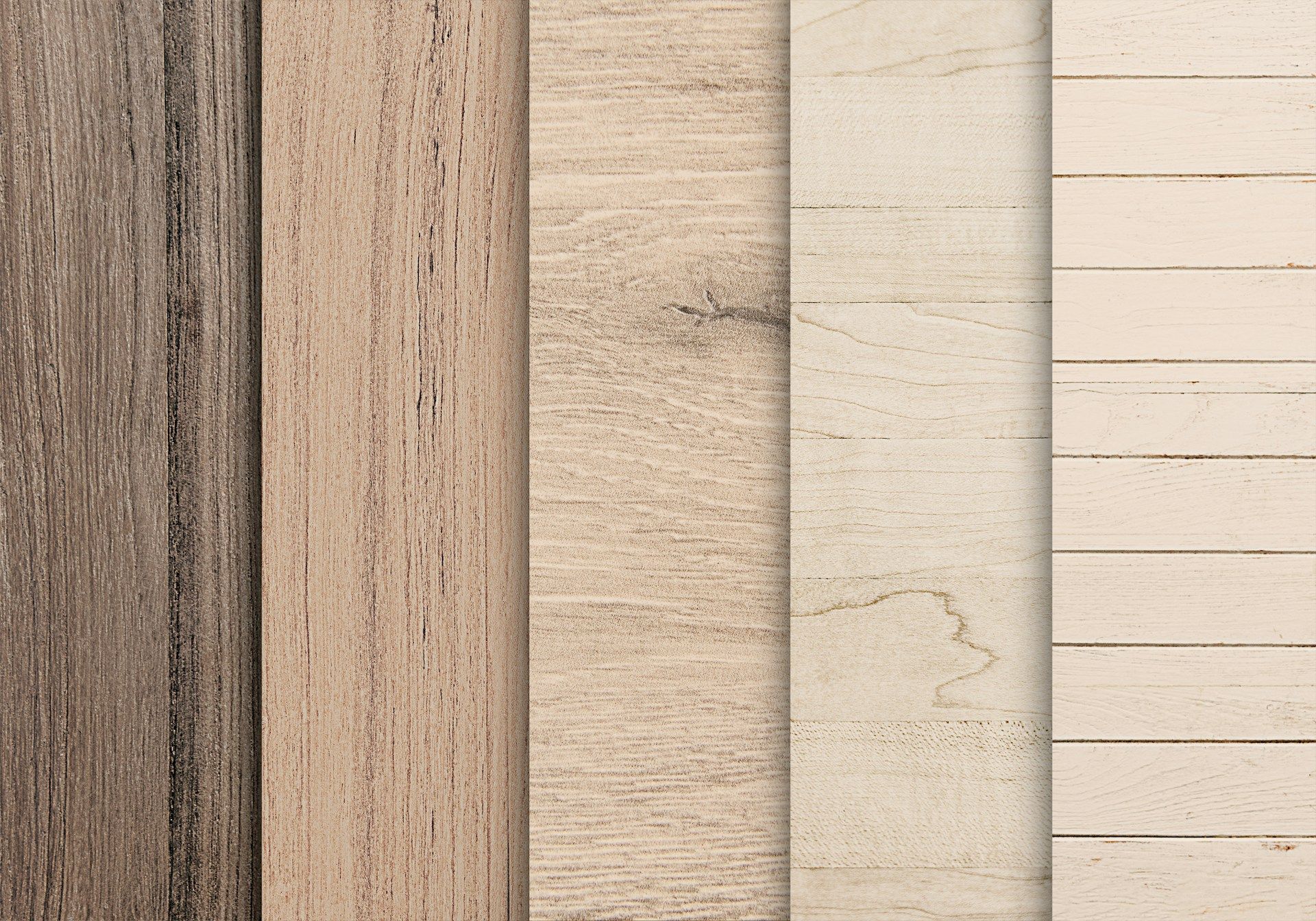 A collection of five vertical wood panels displaying different grain patterns and textures in shades