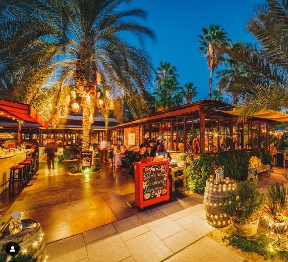 a restaurant with palm trees in the background at night